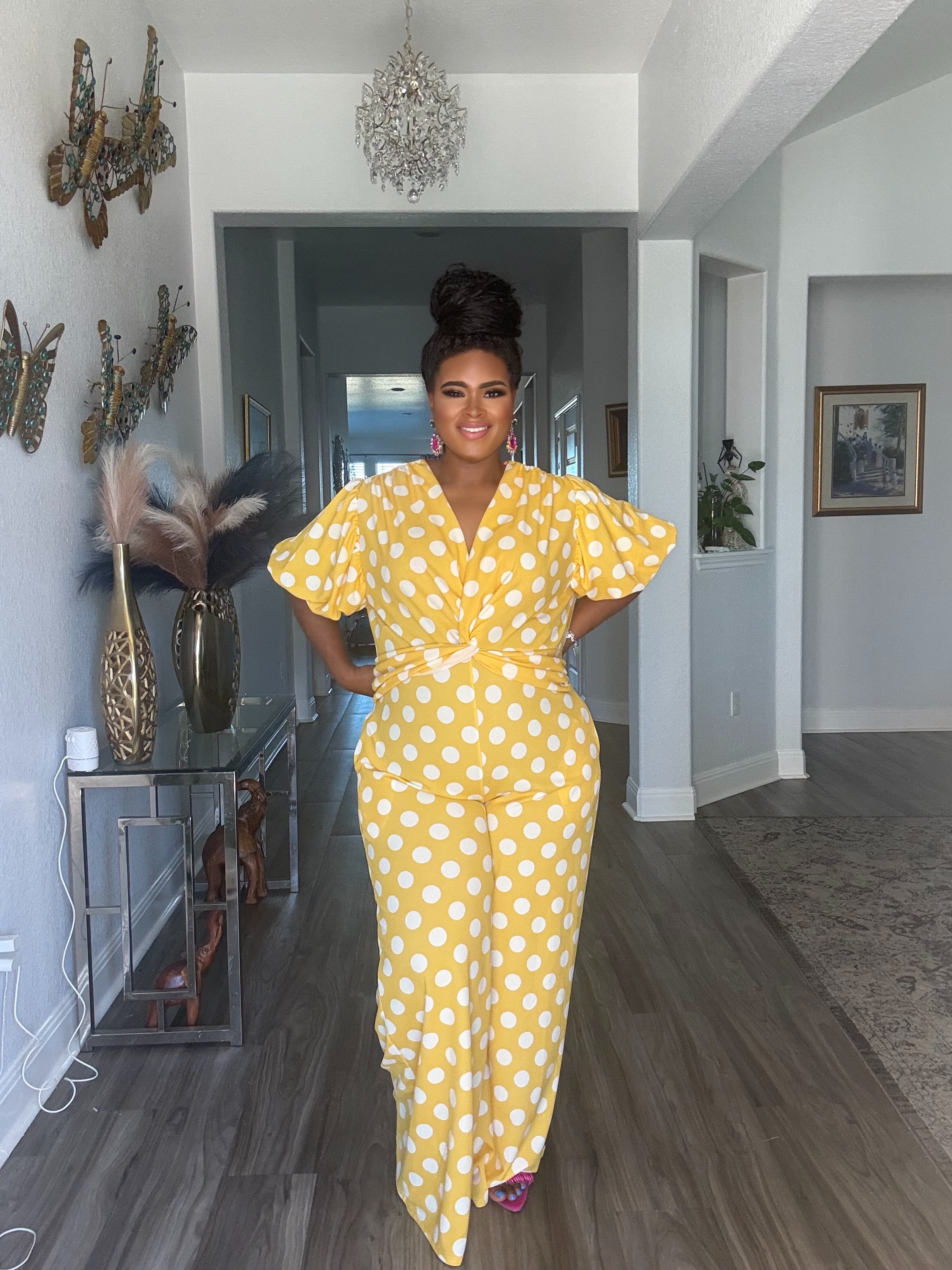 Plus size Yellow polka dot pant jumpsuit with pocket