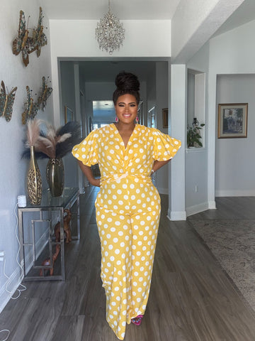 Plus size Yellow polka dot pant jumpsuit with pocket