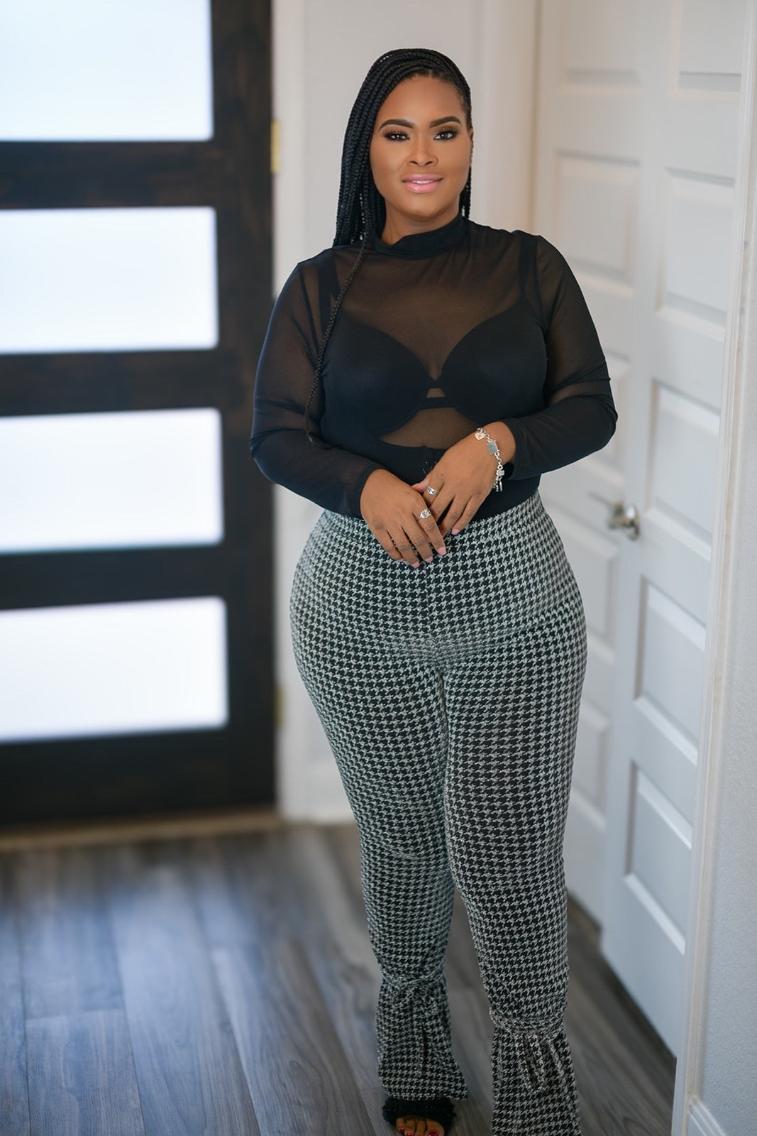 plus size shimmer check tie ankle pants- black and silver