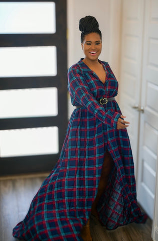 Blue & Red Plaid Wrap Tie Button-Down Dress with Silver Accents – Plus Size
