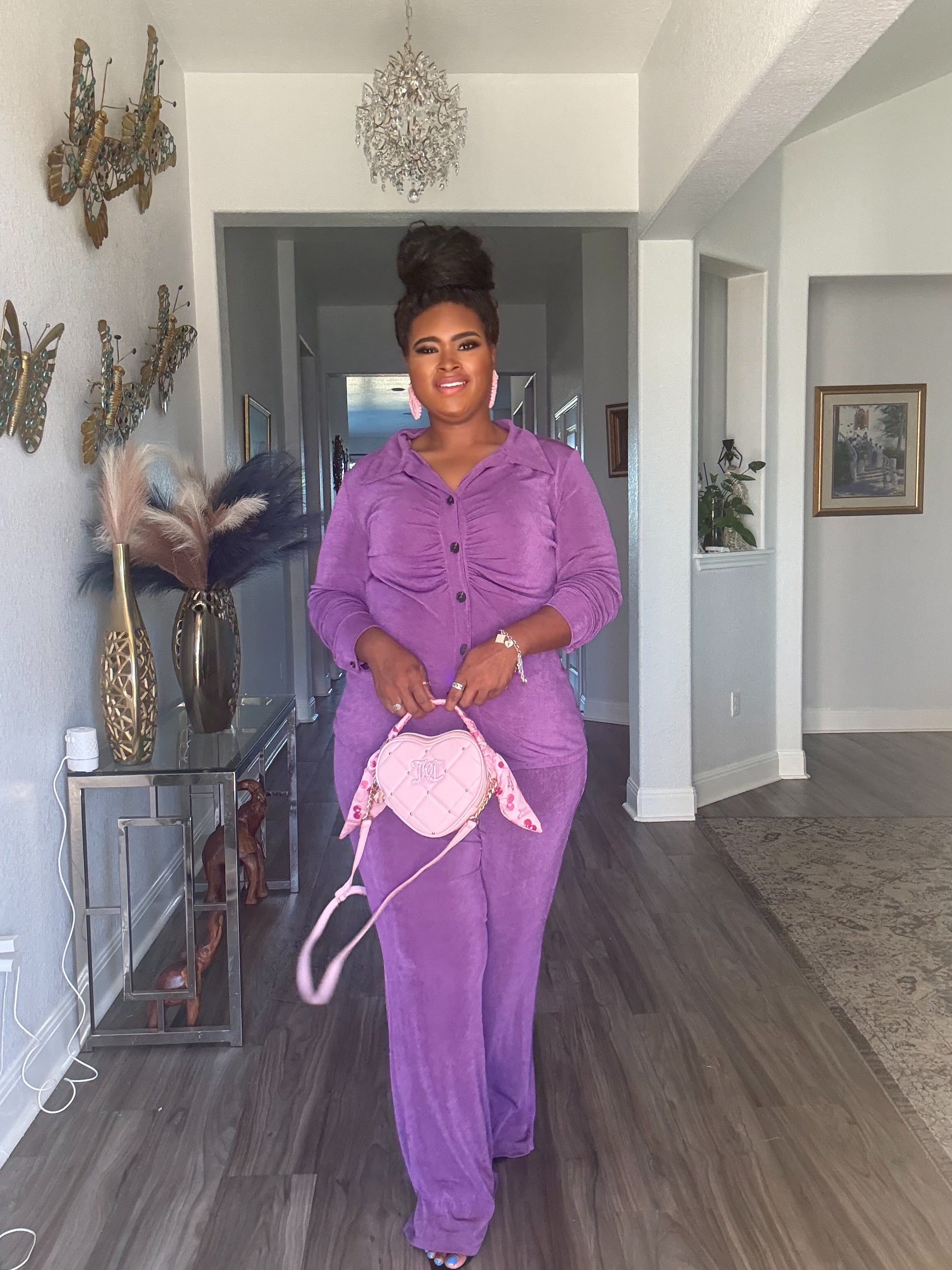 Purple Button-Down Plus size Women Two-Piece Pants Set