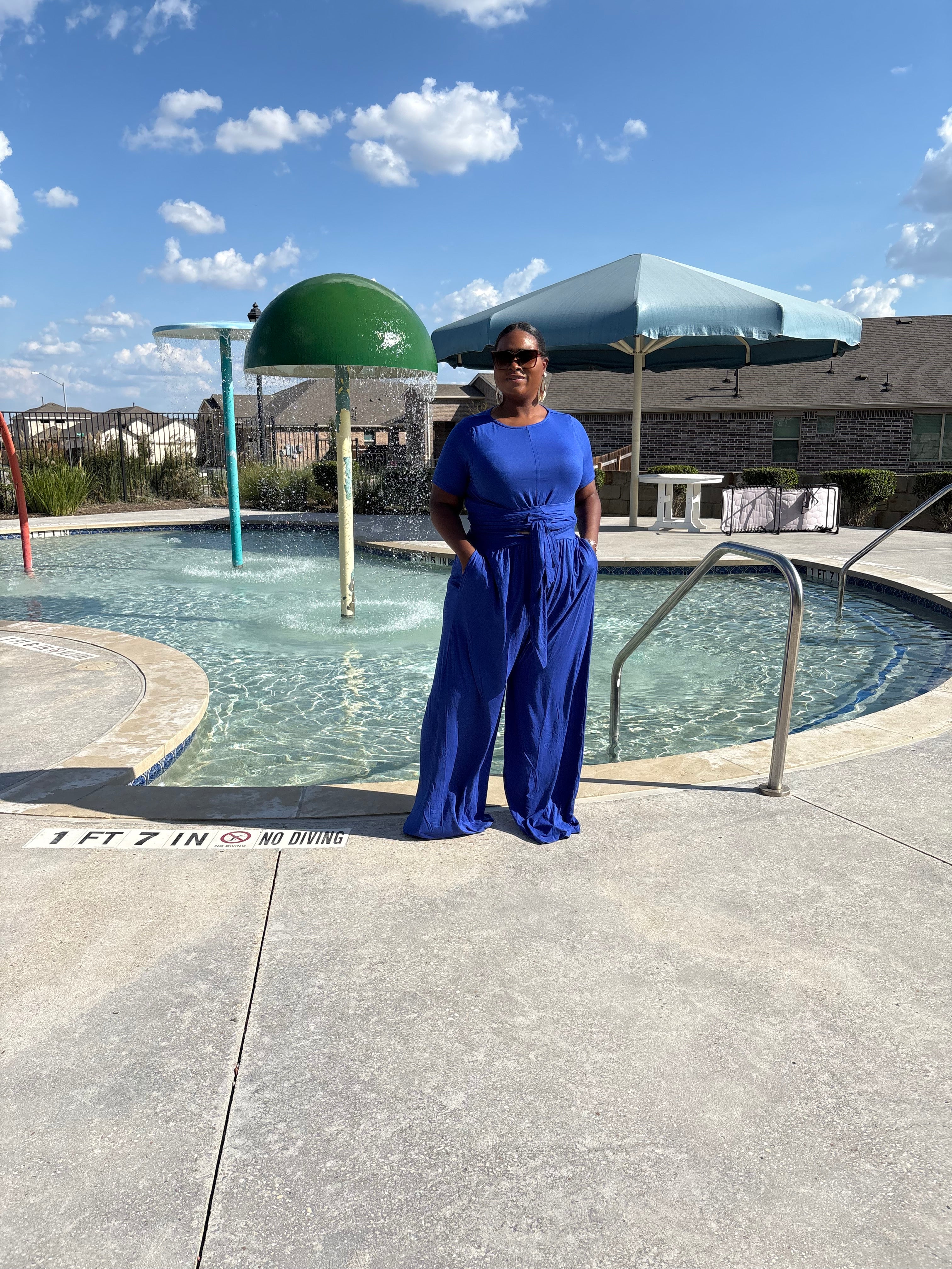 Two Piece Set-Wrap Top & Wide Leg Pants- Blue