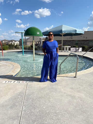 Two Piece Set-Wrap Top & Wide Leg Pants- Blue