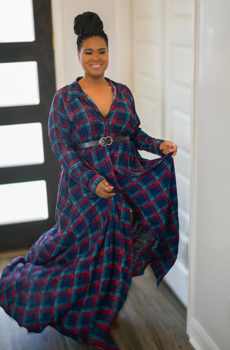 Blue & Red Plaid Wrap Tie Button-Down Dress with Silver Accents – Plus Size