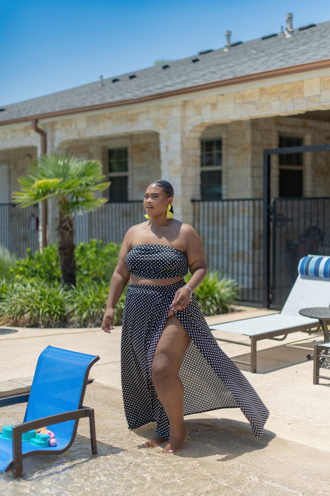 Polka Dot Perfection Two Piece Set off shoulder Crop & High Split Skirt