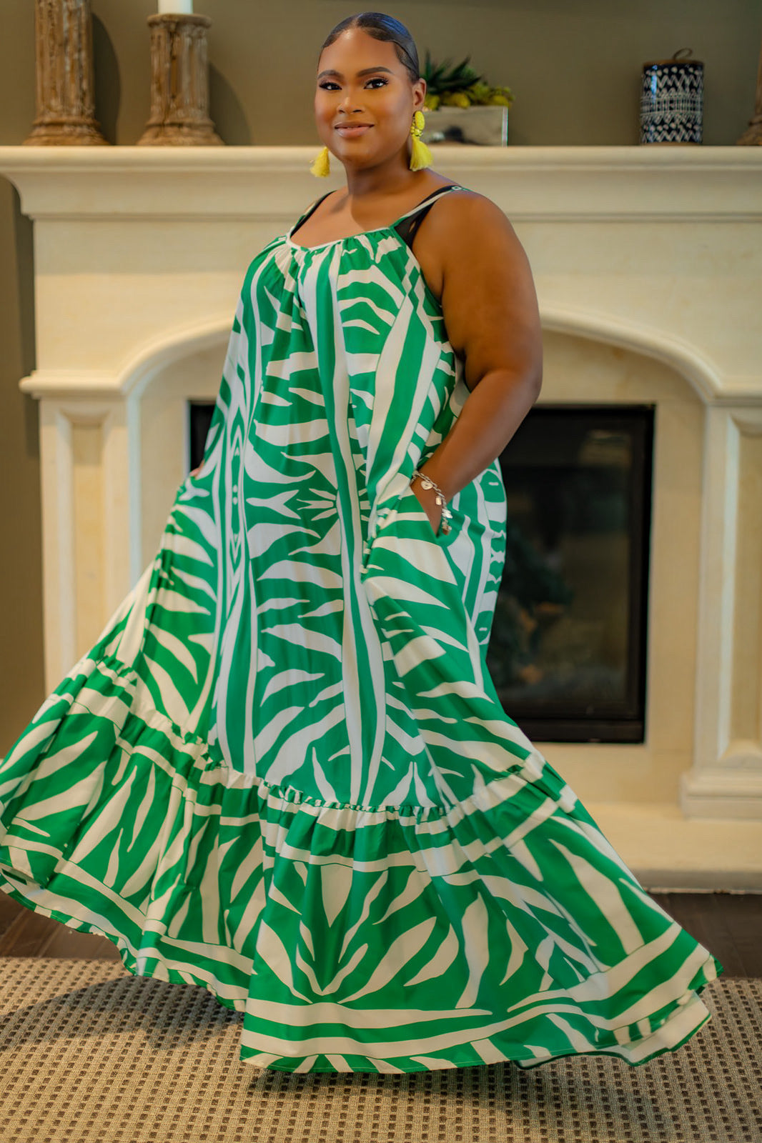 Carefree Summer Maxi Dress-Green & White Print
