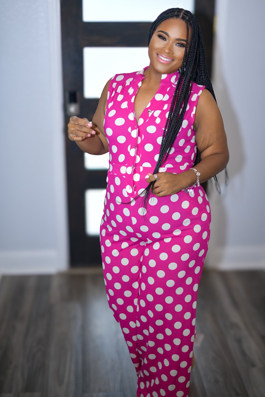 Plus size fuchsia polka dot jumpsuit-sleeves with pockets