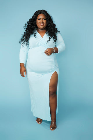 Skyline Elegance Long Sleeve High Split Dress- Light Blue