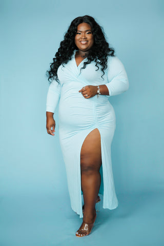 Skyline Elegance Long Sleeve High Split Dress- Light Blue