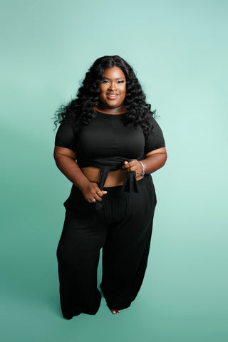 Power Moves Two Piece Set-Wrapt top & Wide Leg Pants-Black