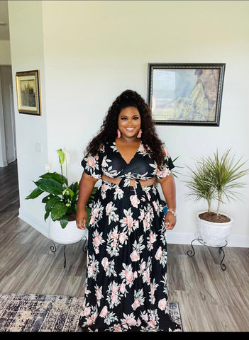 Floral Energy Two Piece Set-Wrap Crop Top & long skirt
