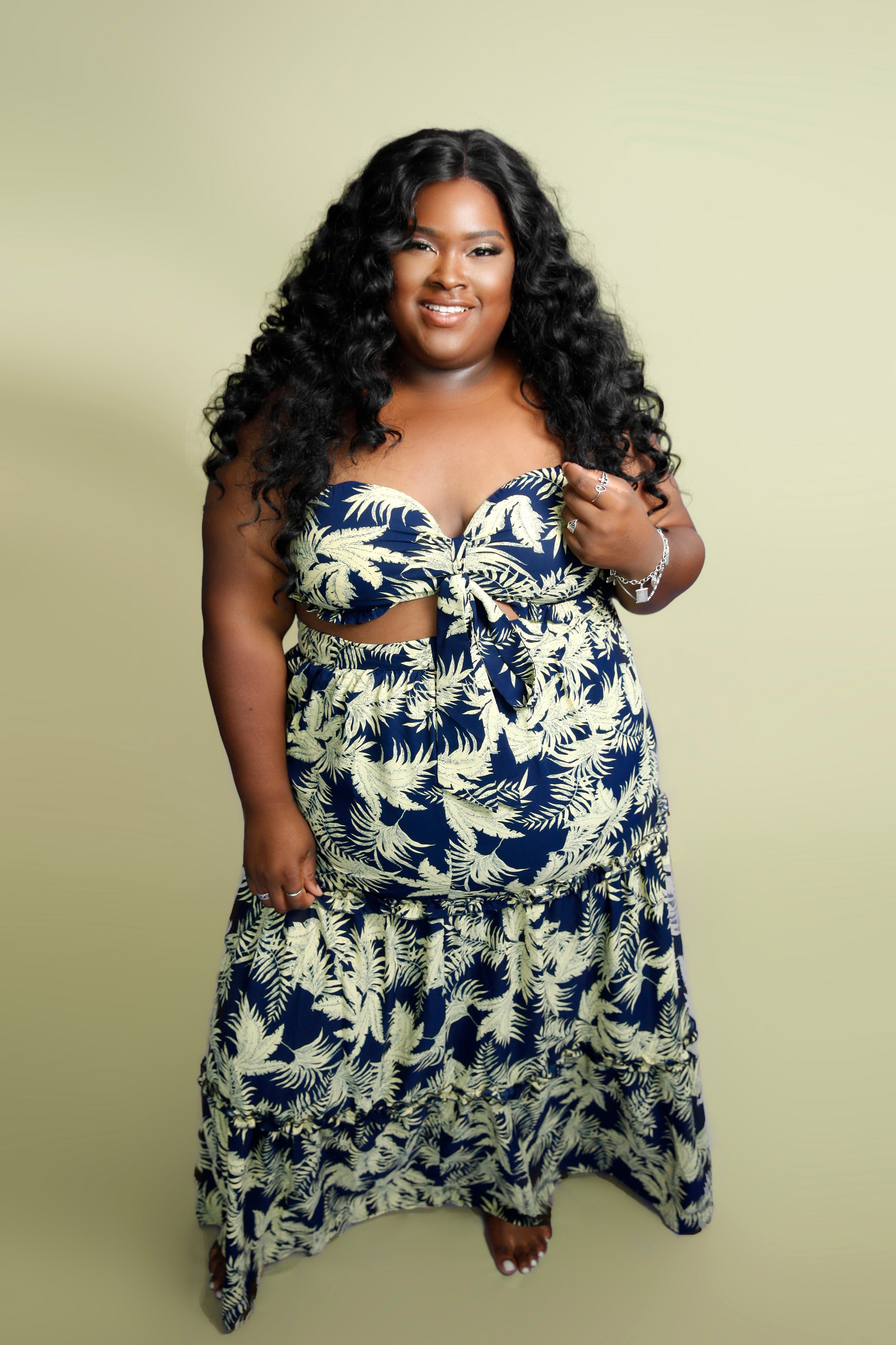 Summer Glow Two piece Set-Leaf Crop Top & Flow Skirt