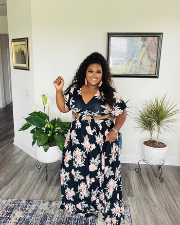 Floral Energy Two Piece Set-Wrap Crop Top & long skirt