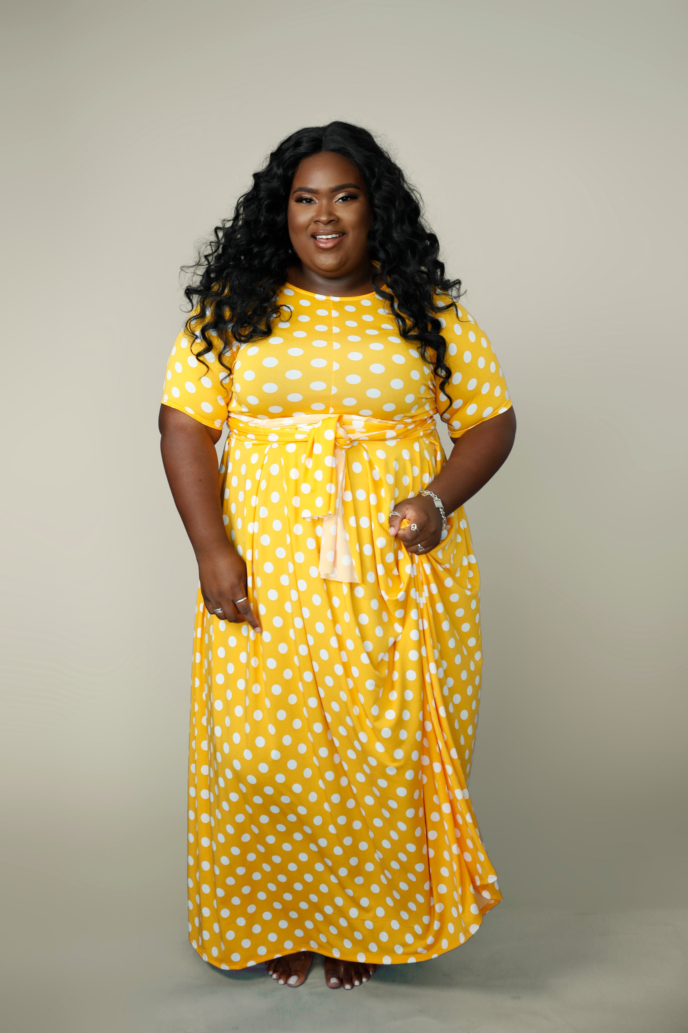 Playful chic Two Piece Set-Polka Dot Wrap & Skirt -Yellow