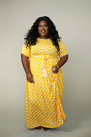 Playful chic Two Piece Set-Polka Dot Wrap & Skirt -Yellow